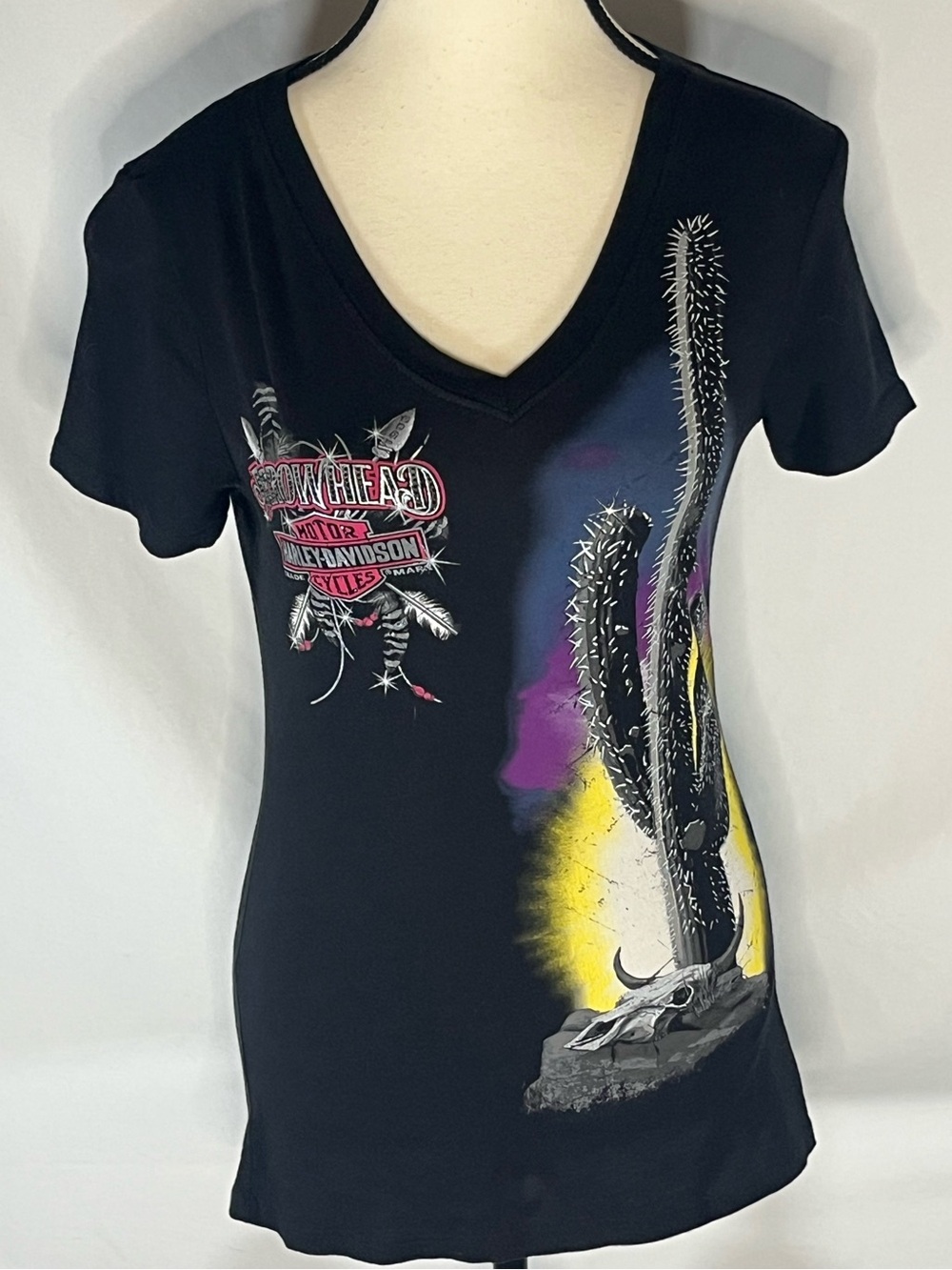 Harley Davidson Peoria AZ Arrowhead Desert Cactus Skull Women’s V-Neck Shirt S